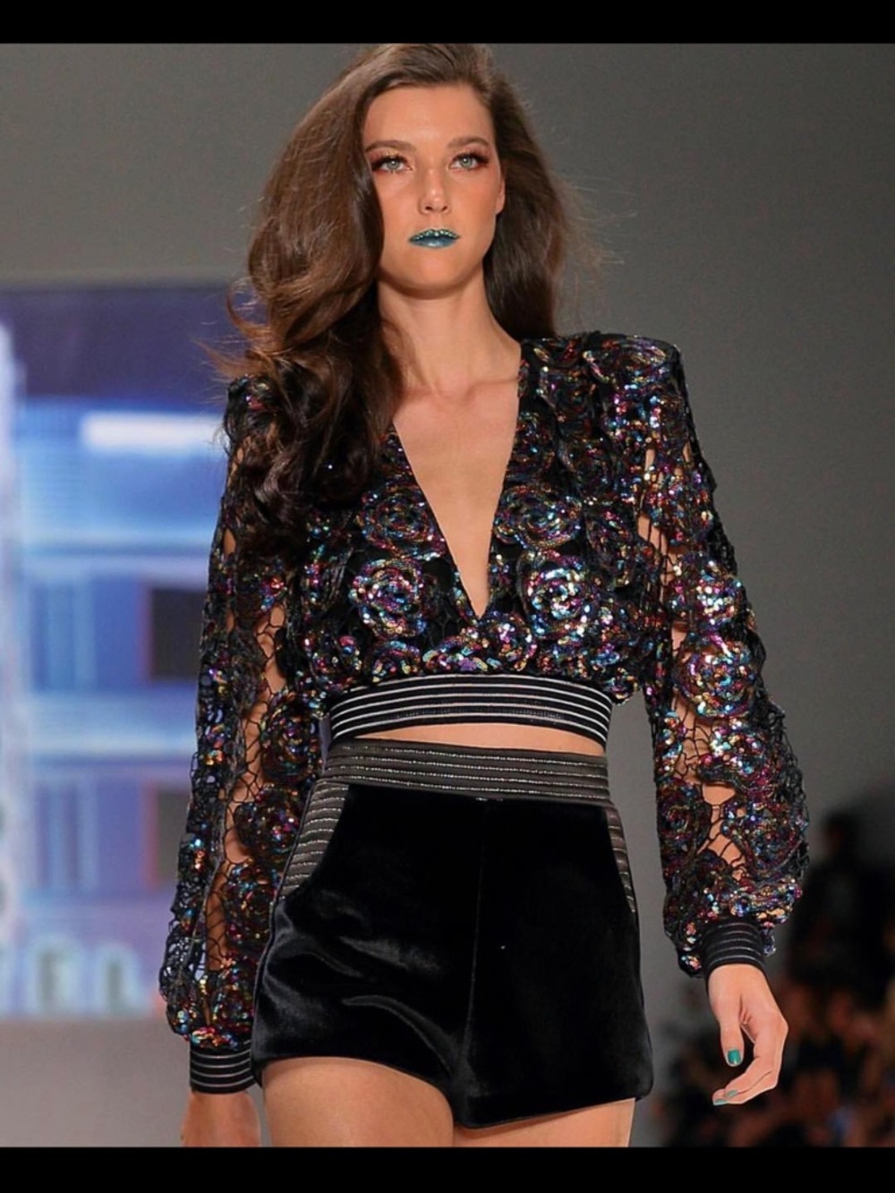 Zhivago Multicolor Sequin Top w/ Gold & Black Trim and Matching Velvet Shorts - Picture 3 of 16